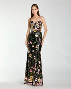 Petite Black Sleeveless Bustier Floral Applique Gown - Designer Collection