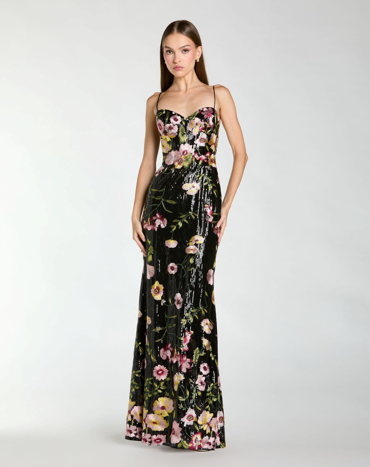Petite Black Sleeveless Bustier Floral Applique Gown - Designer Collection