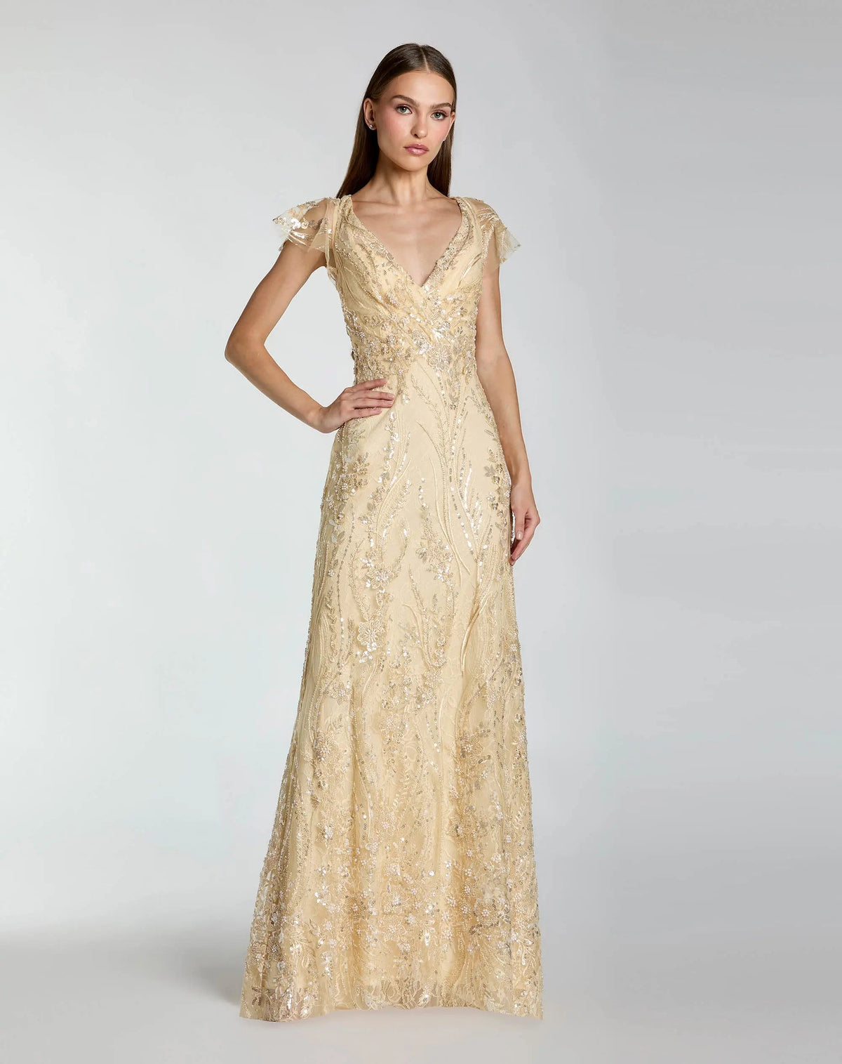 Petite Gold V-Neck Flutter Sleeve Floral Embroidered Gown - Designer Collection