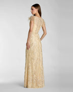Petite Gold V-Neck Flutter Sleeve Floral Embroidered Gown - Designer Collection