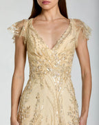 Petite Gold V-Neck Flutter Sleeve Floral Embroidered Gown - Designer Collection