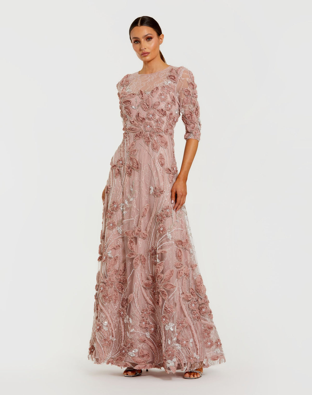 Pink Petite 3/4 Sleeve High Neck Embroidered A Line Gown Designer Collection