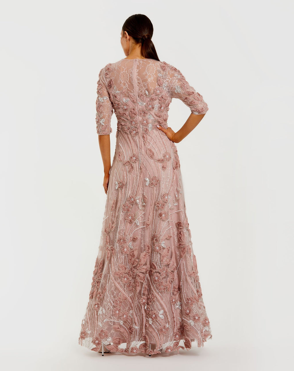 Pink Petite 3/4 Sleeve High Neck Embroidered A Line Gown Designer Collection