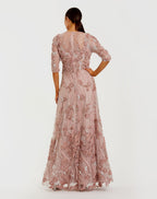 Pink Petite 3/4 Sleeve High Neck Embroidered A Line Gown Designer Collection