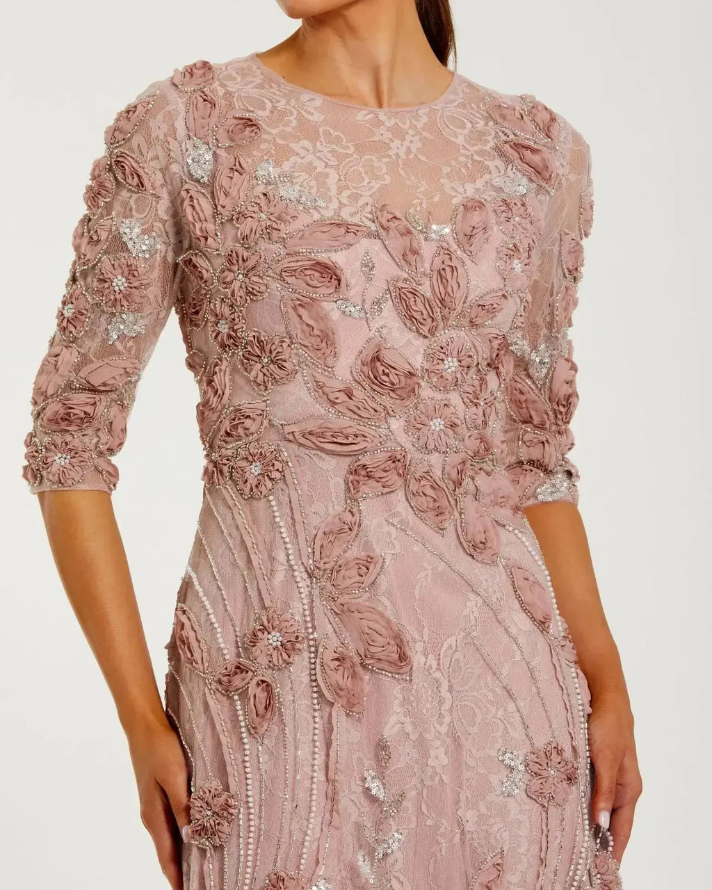 Pink Petite 3/4 Sleeve High Neck Embroidered A Line Gown Designer Collection