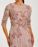 Pink Petite 3/4 Sleeve High Neck Embroidered A Line Gown Designer Collection