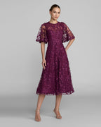 Purple Flutter Sleeve Embroidered Midi Dress Designer Collection