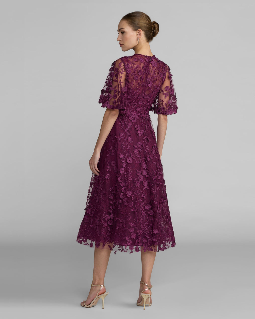 Purple Flutter Sleeve Embroidered Midi Dress Designer Collection