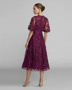 Purple Flutter Sleeve Embroidered Midi Dress Designer Collection