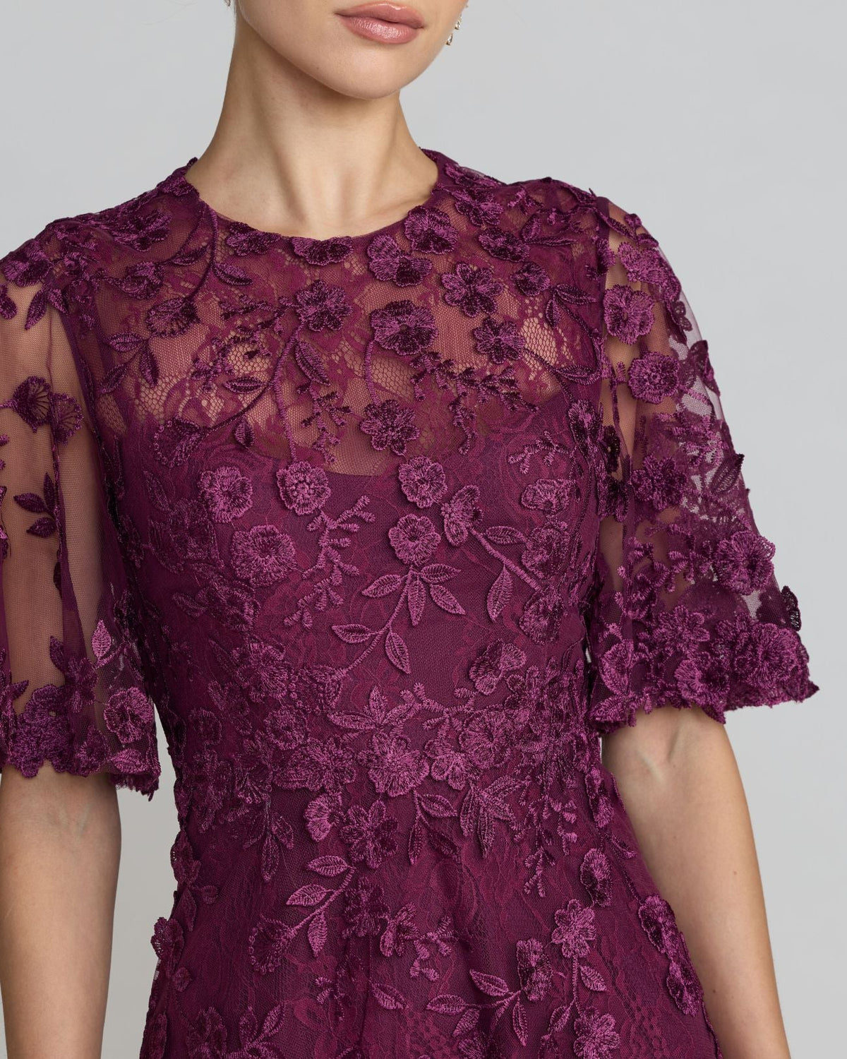 Purple Flutter Sleeve Embroidered Midi Dress Designer Collection