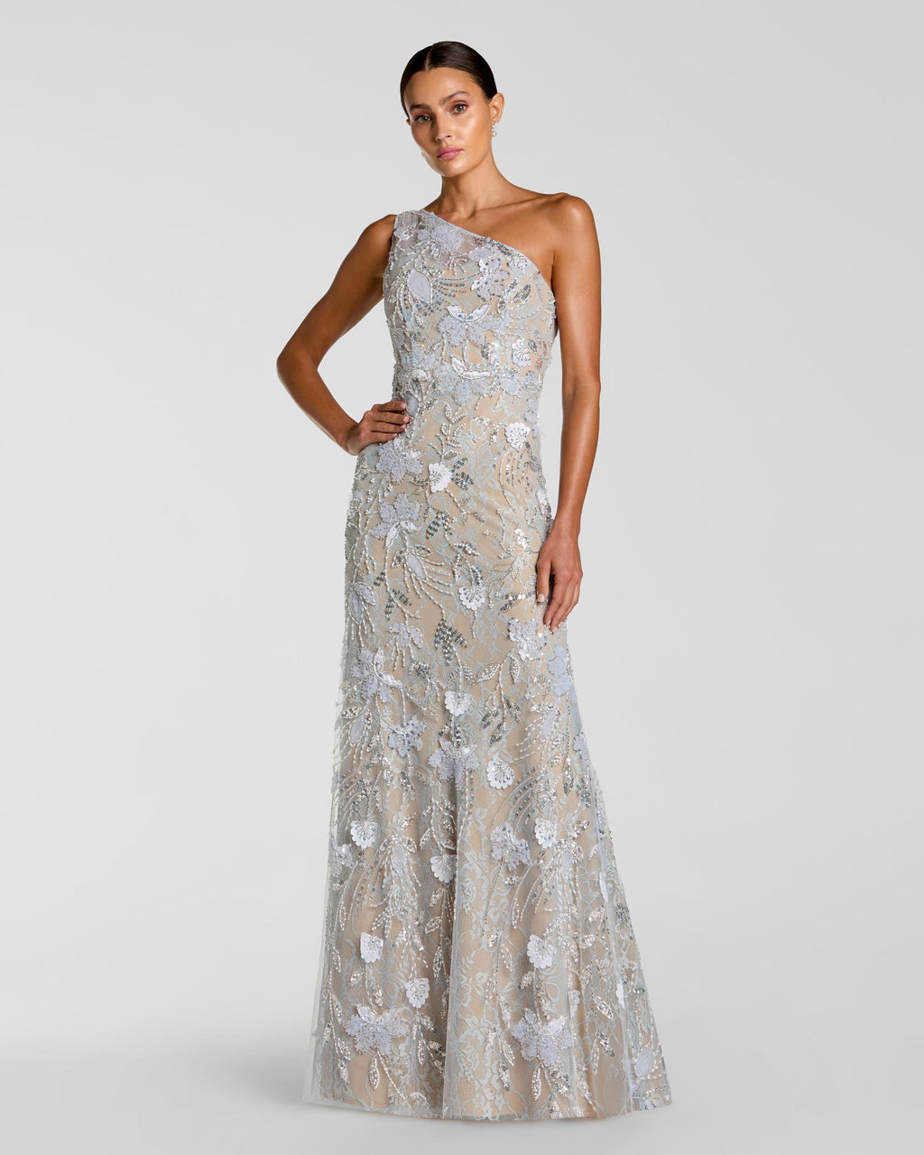 Petite Blue Sleeveless One Shoulder Embellished Lace Gown Designer Collection