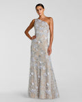 Petite Blue Sleeveless One Shoulder Embellished Lace Gown Designer Collection