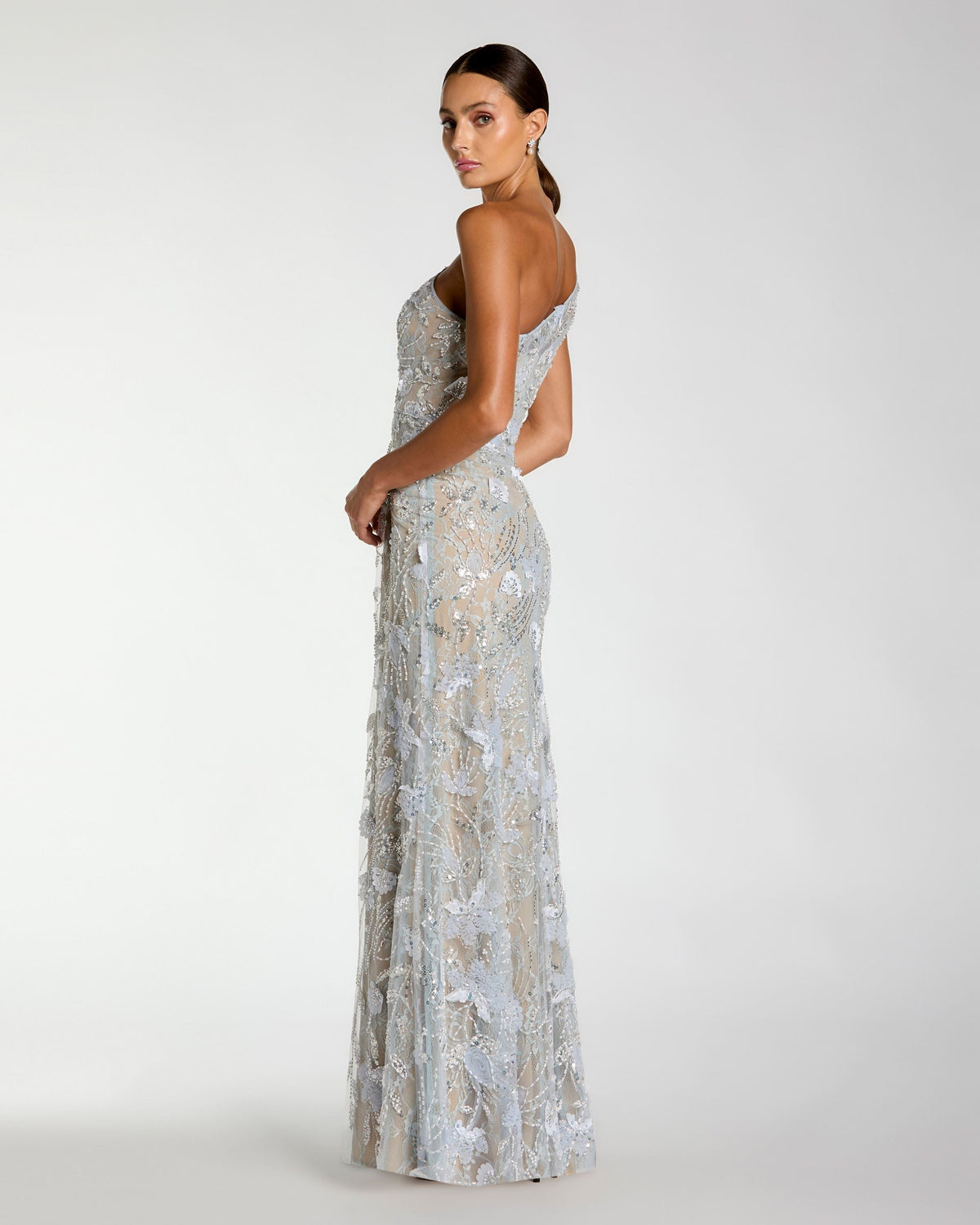 Petite Blue Sleeveless One Shoulder Embellished Lace Gown Designer Collection