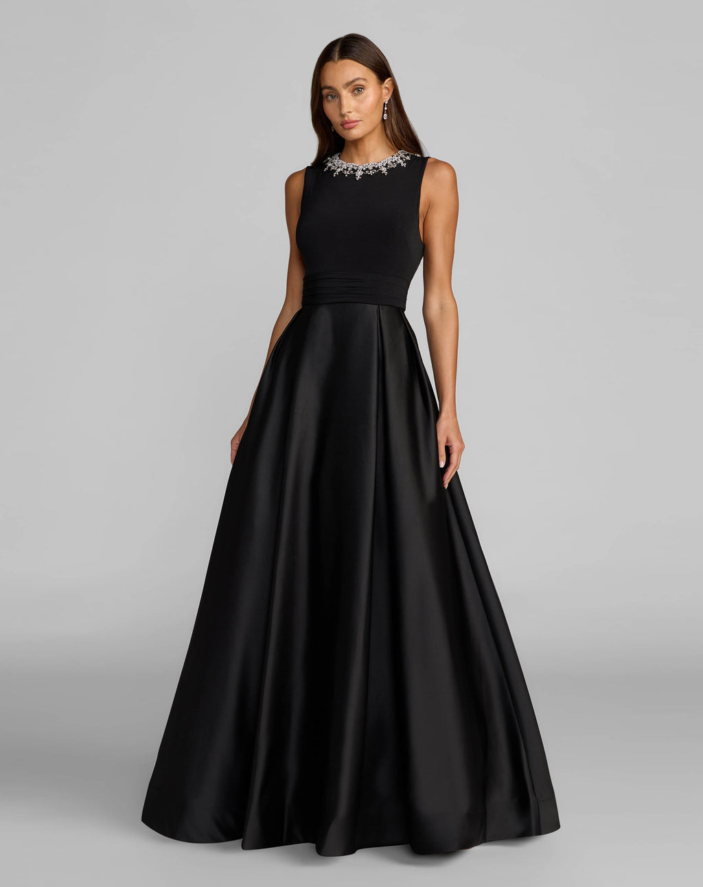 Petite Black Embellished High Neck Sleeveless A Line Gown Contemporary Collection