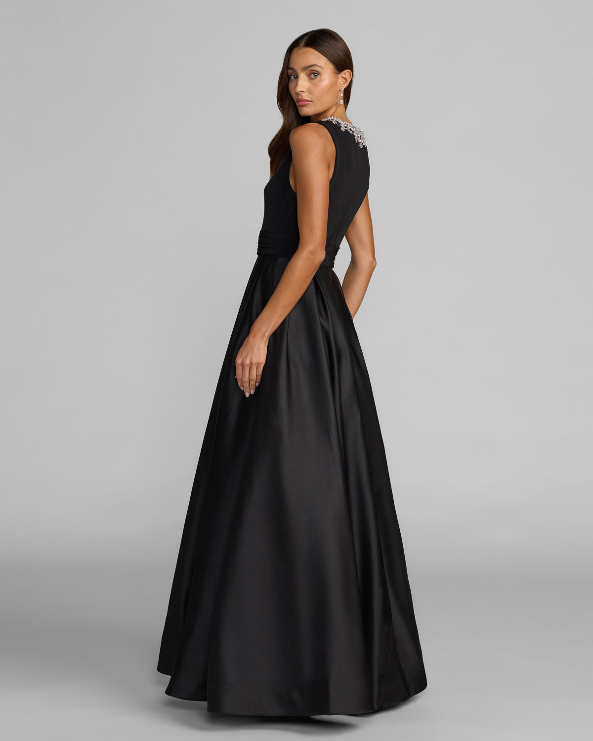 Petite Black Embellished High Neck Sleeveless A Line Gown Contemporary Collection