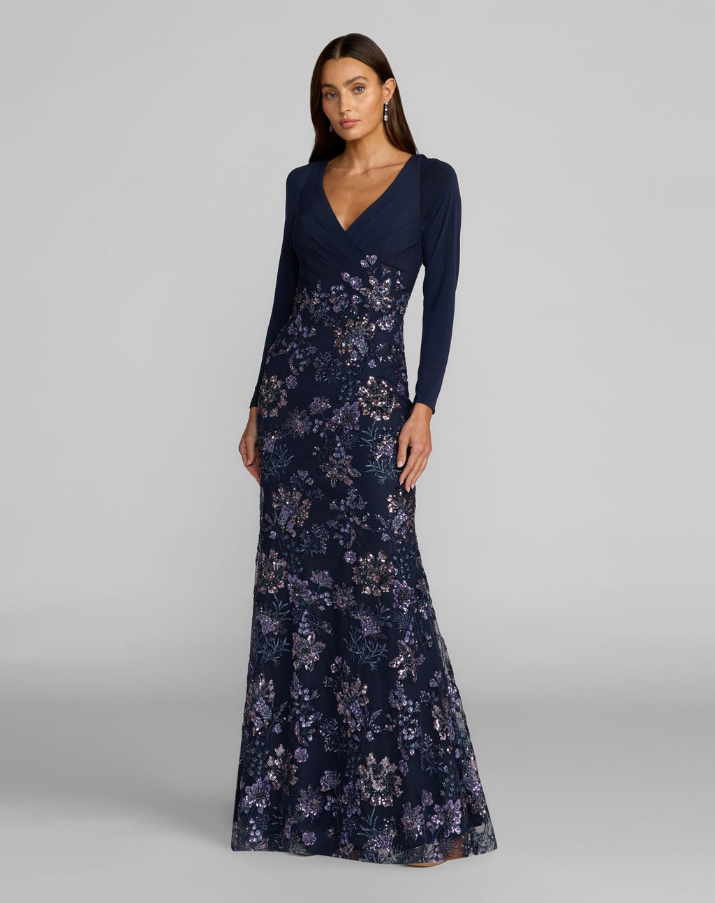 Petite Navy Floral Embroidered Jersey Long Sleeve Gown - Designer Collection