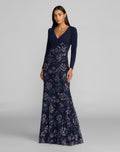 Petite Navy Floral Embroidered Jersey Long Sleeve Gown - Designer Collection