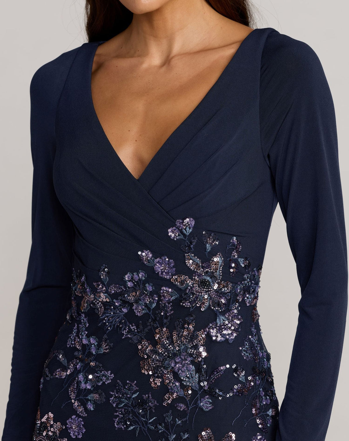 Petite Navy Floral Embroidered Jersey Long Sleeve Gown - Designer Collection