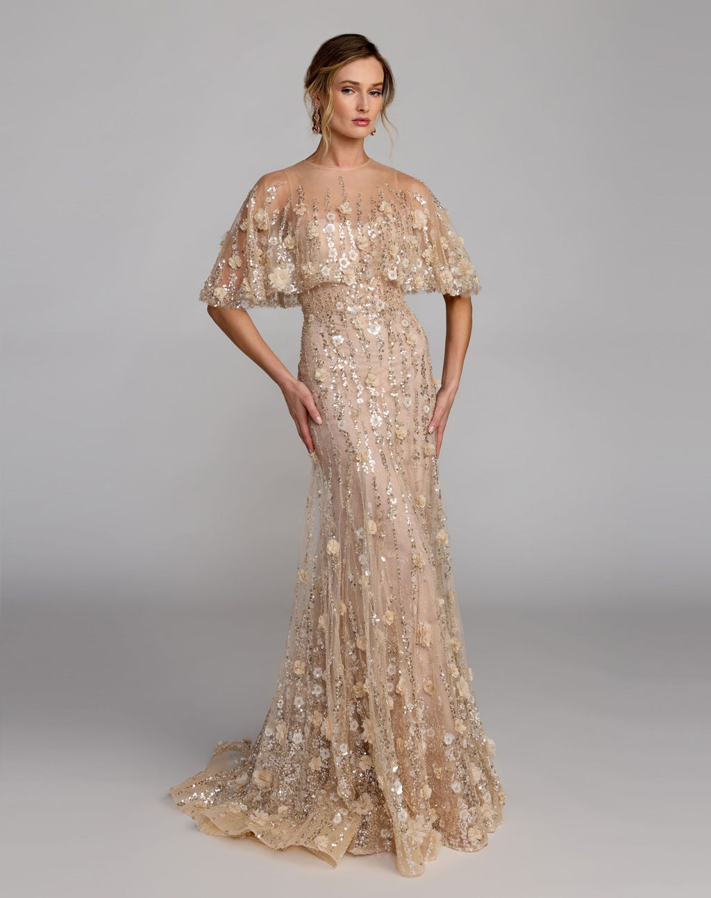 Petite Beige Embellished Cape Sleeve Mermaid Gown Designer Collection