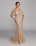 Petite Beige Embellished Cape Sleeve Mermaid Gown Designer Collection
