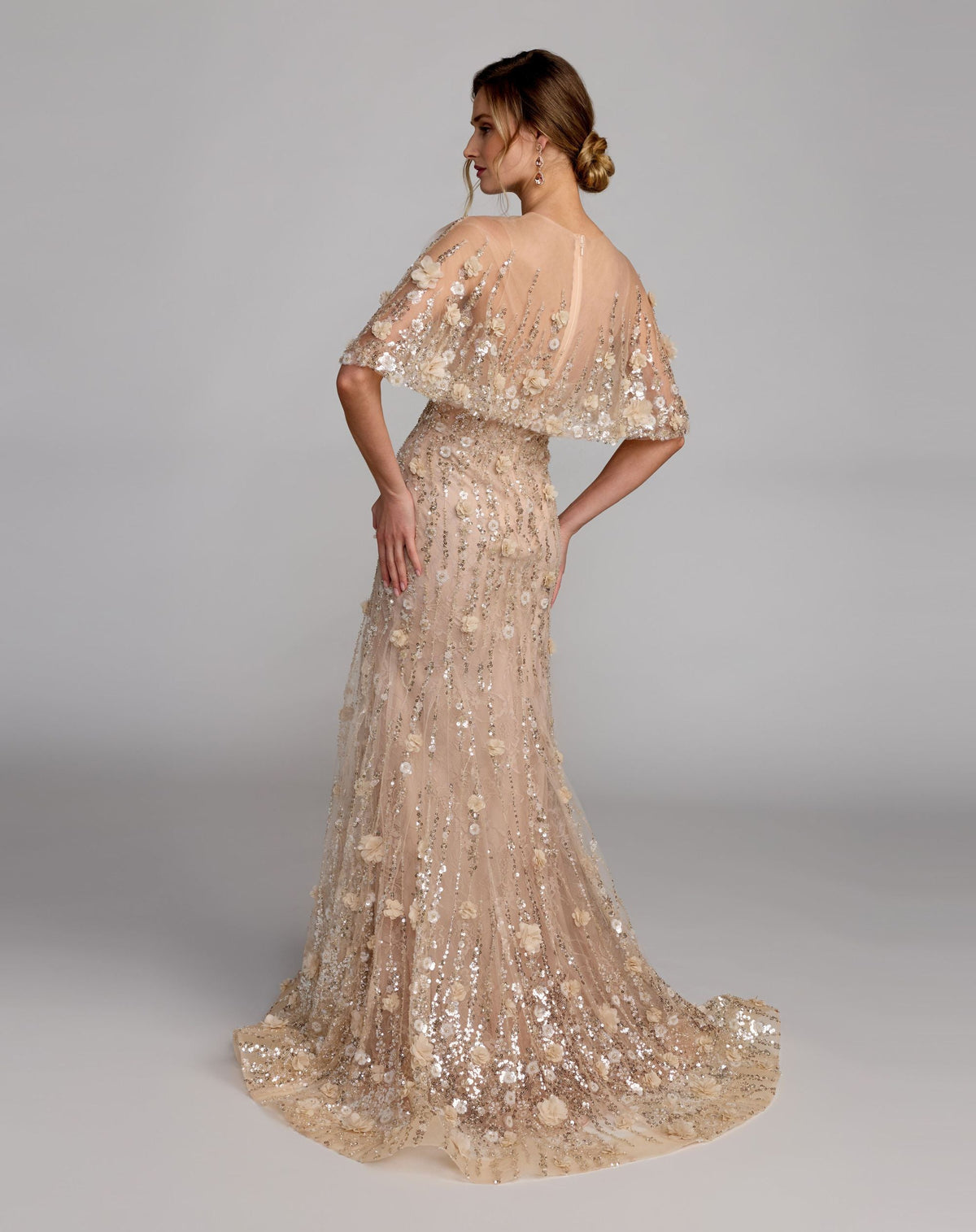 Petite Beige Embellished Cape Sleeve Mermaid Gown Designer Collection
