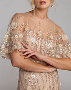 Petite Beige Embellished Cape Sleeve Mermaid Gown Designer Collection