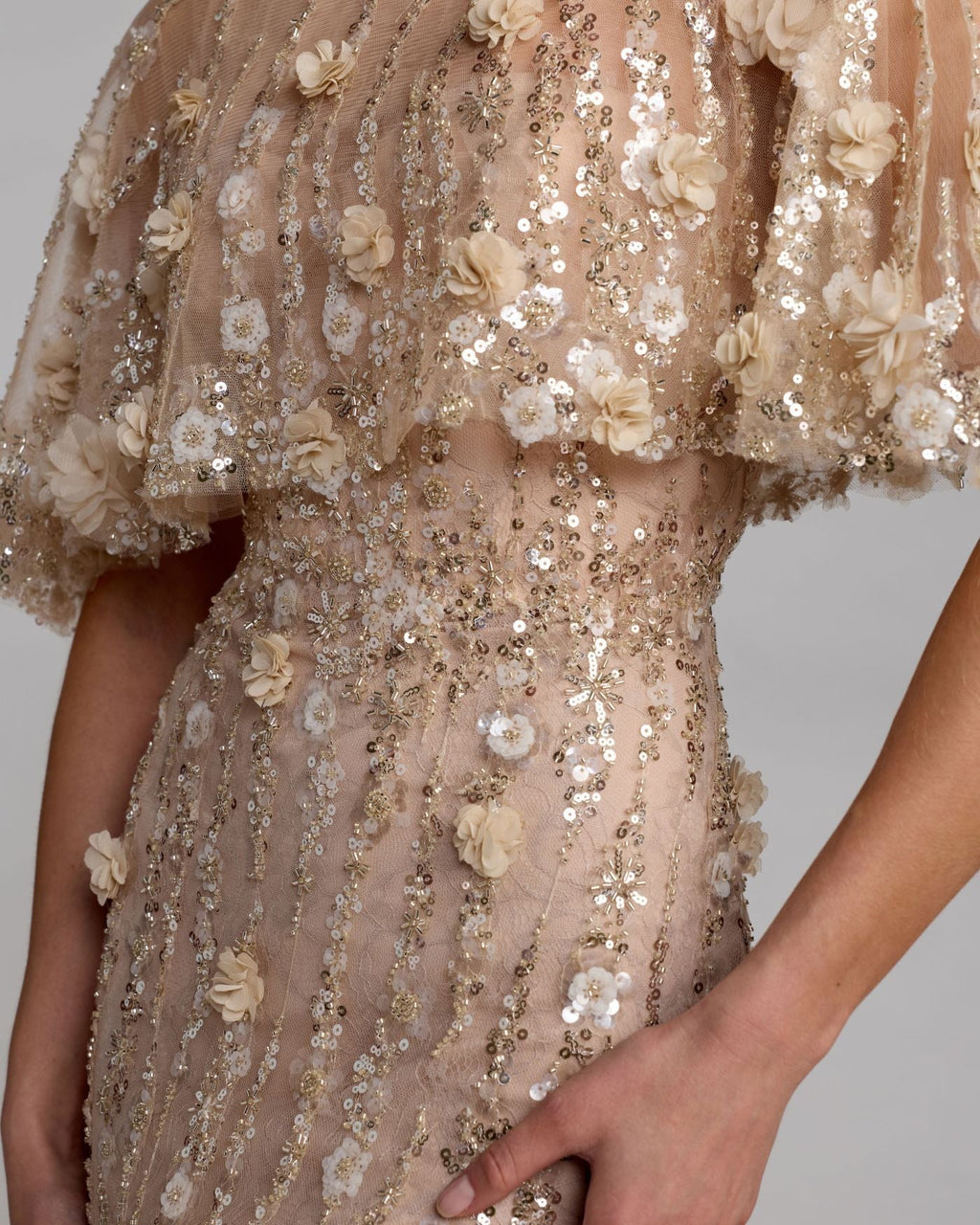Petite Beige Embellished Cape Sleeve Mermaid Gown Designer Collection