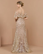 Petite Beige Embellished Cape Sleeve Mermaid Gown Designer Collection