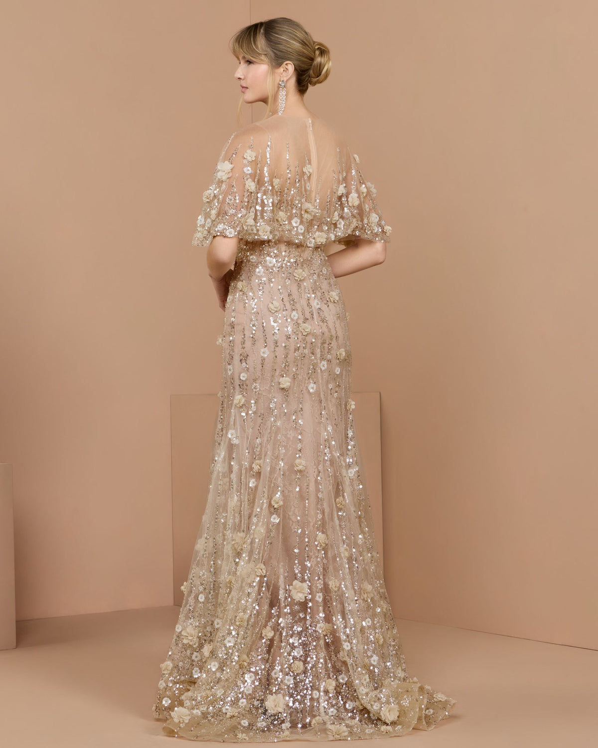 Petite Beige Embellished Cape Sleeve Mermaid Gown Designer Collection