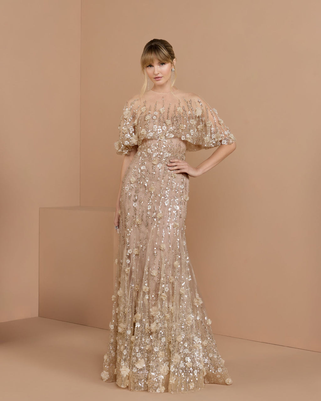 Petite Beige Embellished Cape Sleeve Mermaid Gown Designer Collection