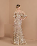 Petite Beige Embellished Cape Sleeve Mermaid Gown Designer Collection