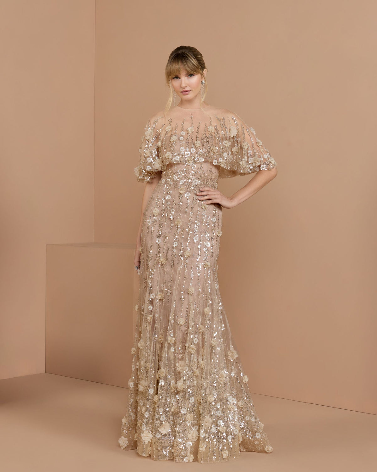 Petite Beige Embellished Cape Sleeve Mermaid Gown Designer Collection