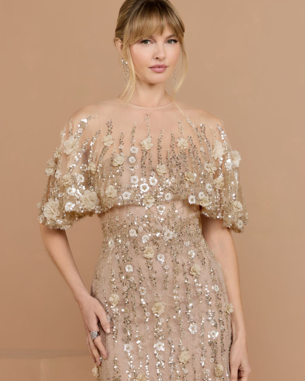 Petite Beige Embellished Cape Sleeve Mermaid Gown Designer Collection