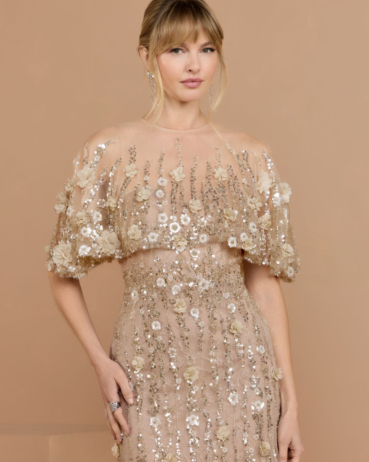 Petite Beige Embellished Cape Sleeve Mermaid Gown Designer Collection
