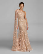 Petite Beige One Shoulder Embellished Gown With Cape Sleeve - Designer Collection