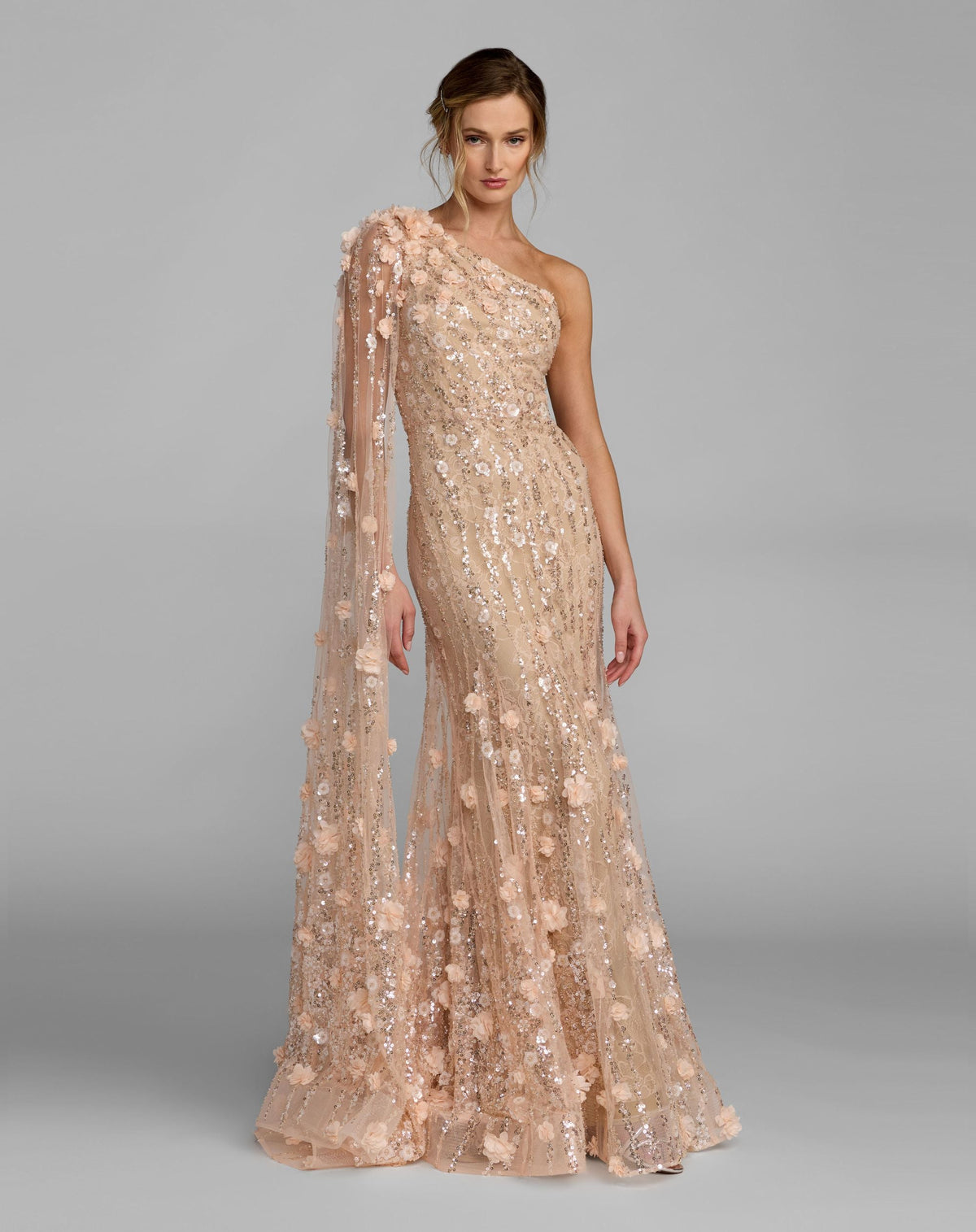Petite Beige One Shoulder Embellished Gown With Cape Sleeve - Designer Collection