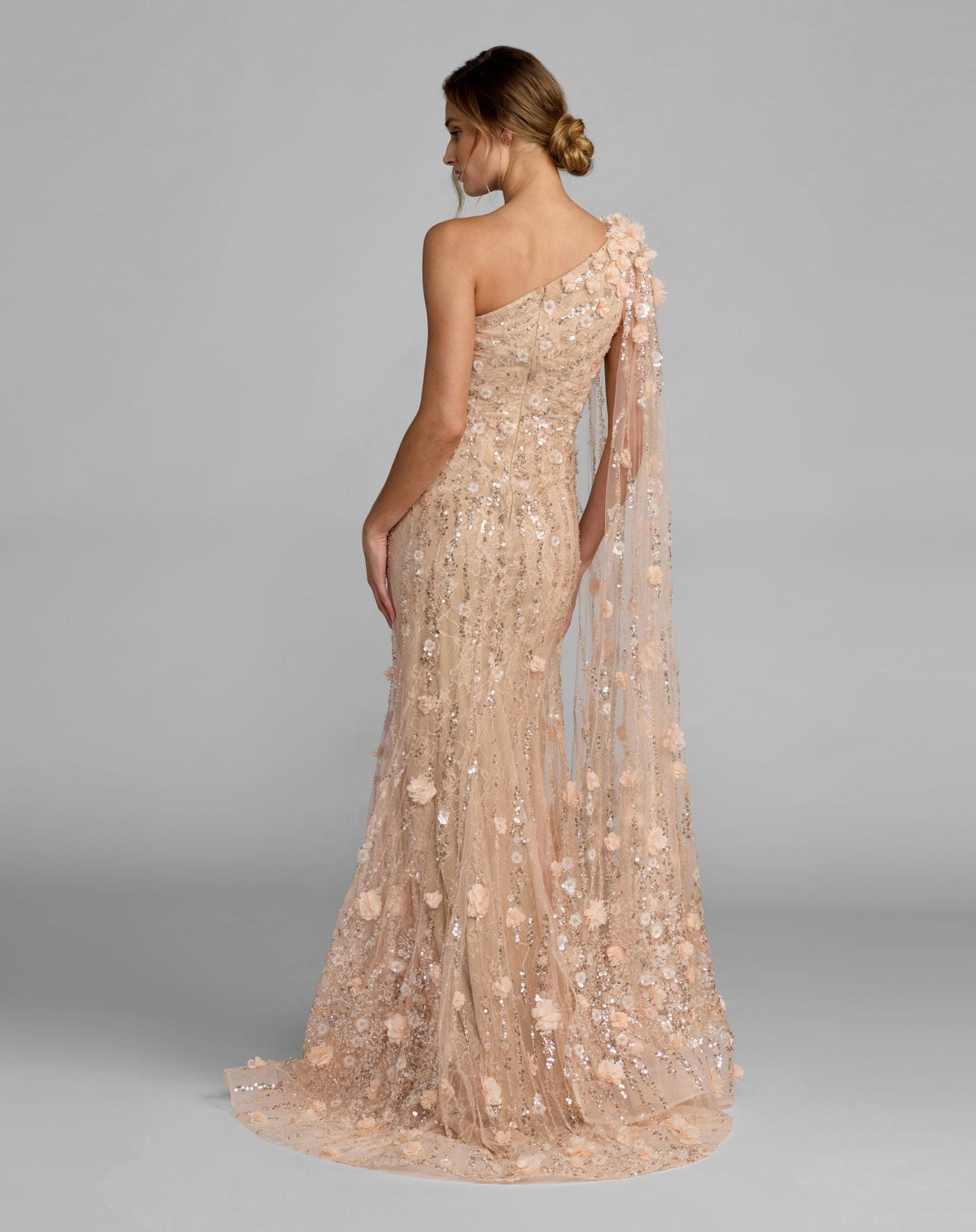 Petite Beige One Shoulder Embellished Gown With Cape Sleeve - Designer Collection