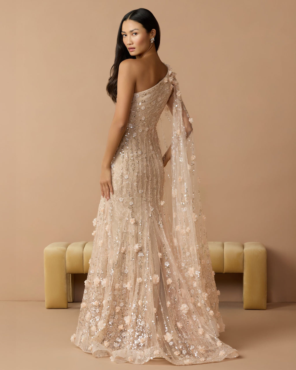 Petite Beige One Shoulder Embellished Gown With Cape Sleeve - Designer Collection