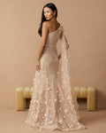 Petite Beige One Shoulder Embellished Gown With Cape Sleeve - Designer Collection
