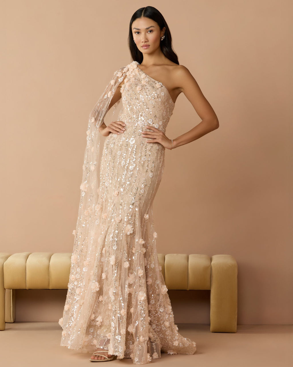 Petite Beige One Shoulder Embellished Gown With Cape Sleeve - Designer Collection