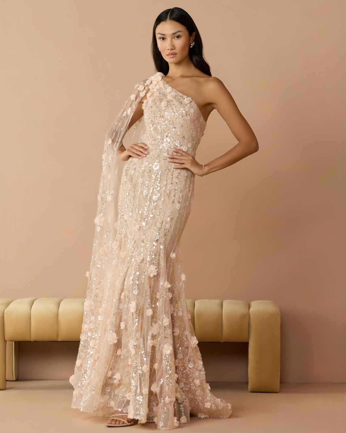 Petite Beige One Shoulder Embellished Gown With Cape Sleeve - Designer Collection