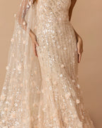 Petite Beige One Shoulder Embellished Gown With Cape Sleeve - Designer Collection
