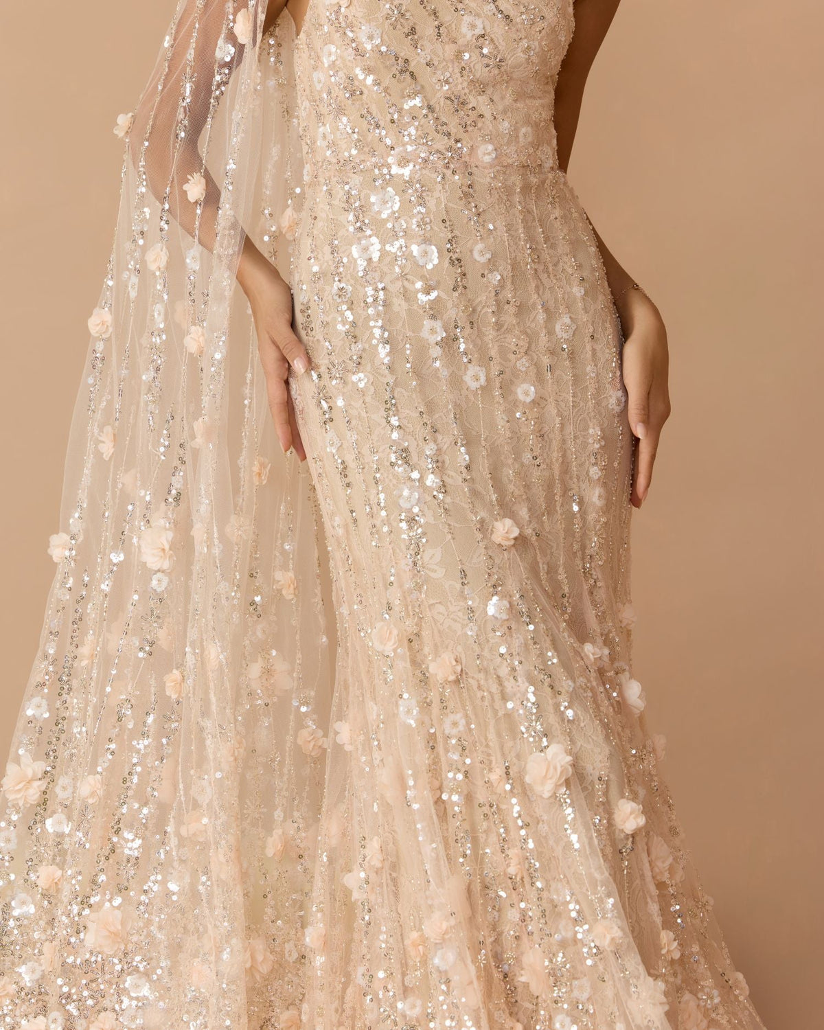 Petite Beige One Shoulder Embellished Gown With Cape Sleeve - Designer Collection