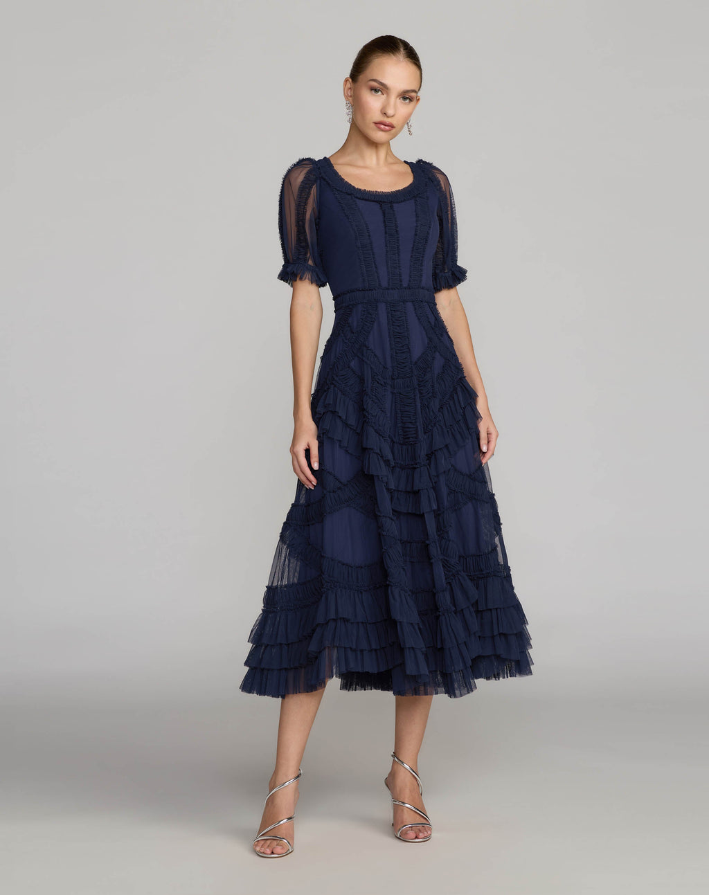 Petite Navy Short Sleeve Micro Ruffle Midi Dress Designer Collection
