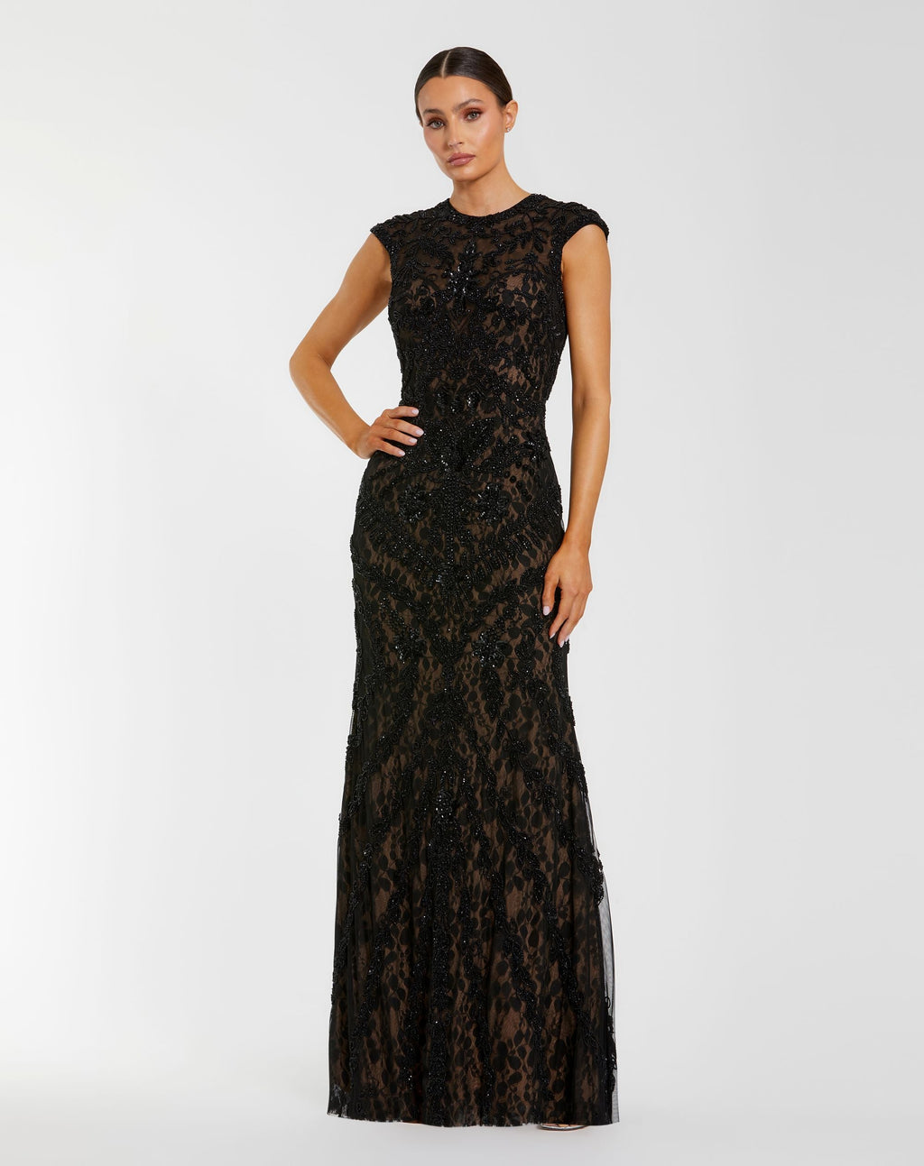 Petite Black Embellished Lace Cap Sleeve Evening Gown - Designer Collection