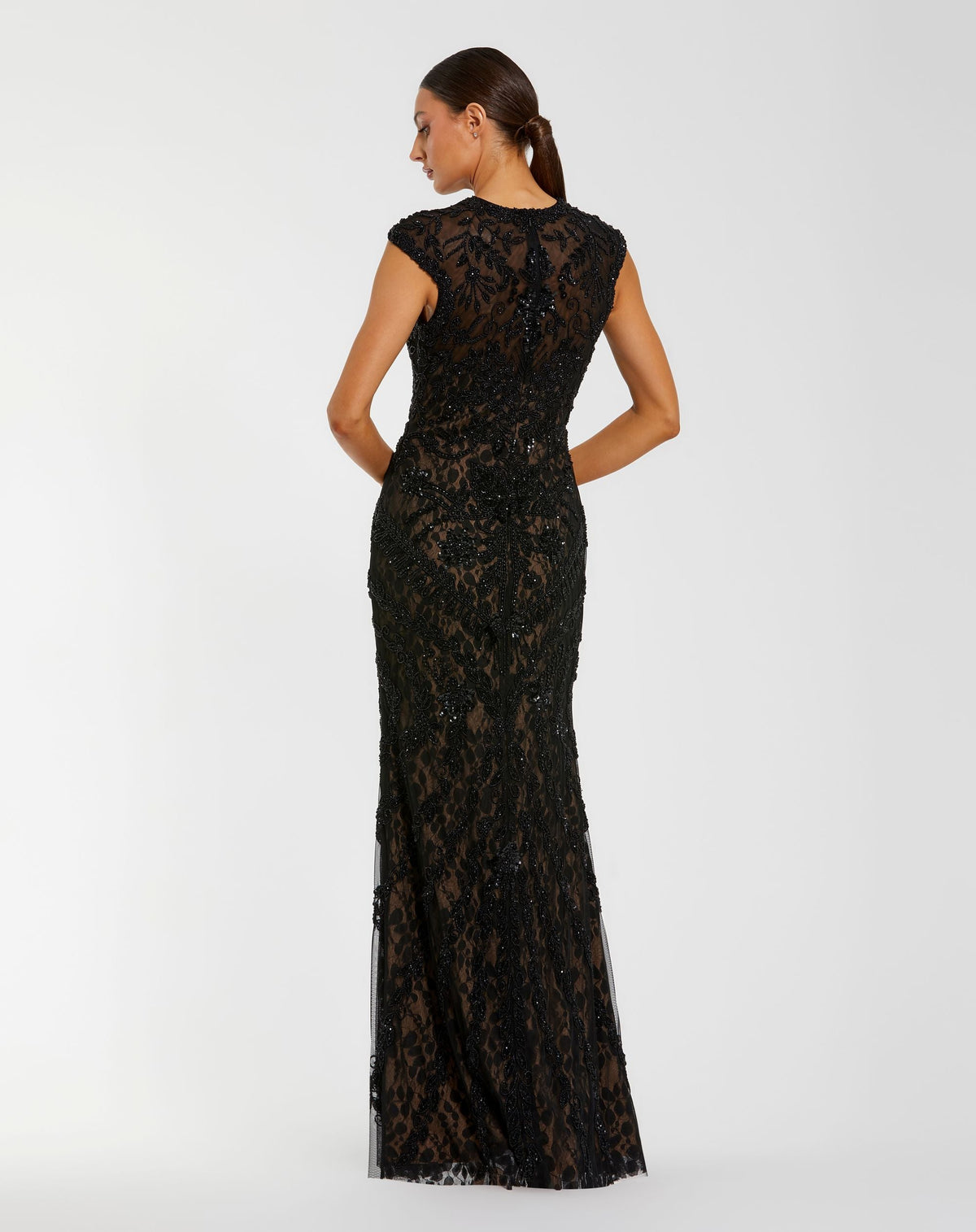 Petite Black Embellished Lace Cap Sleeve Evening Gown - Designer Collection